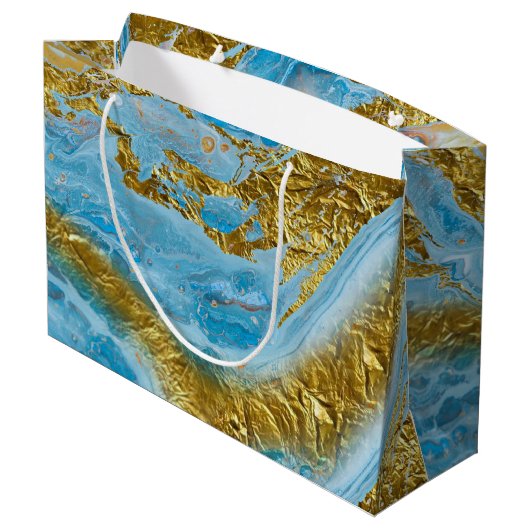 Blauwe Waterverf marmer en goudolie Groot Cadeauzakje (Achterkant Gekanteld)