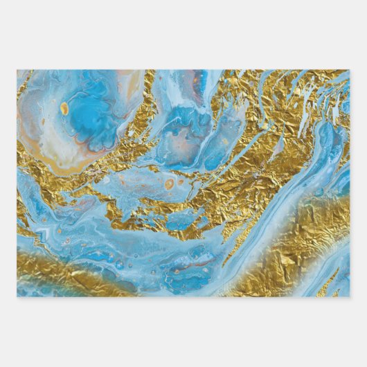 Blauwe Waterverf marmer en goudolie Inpakpapier Vel (Voorkant 3)