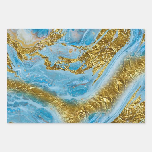 Blauwe Waterverf marmer en goudolie Inpakpapier Vel (Voorkant)