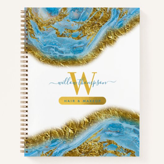 Blauwe Waterverf marmer & Gold Foil Hair & Makeup Notitieboek (Voorkant)