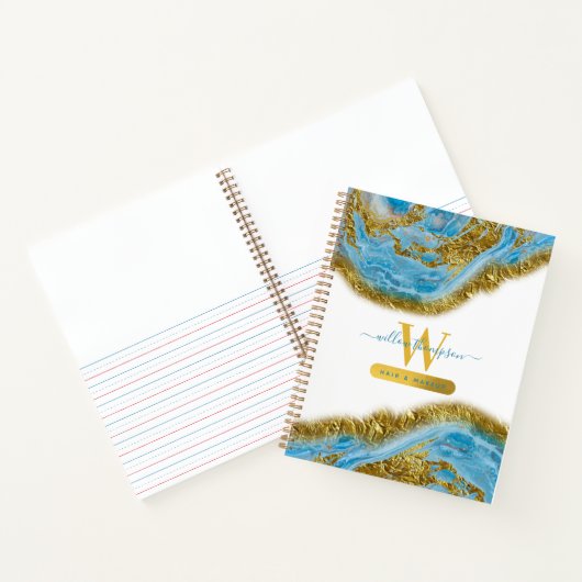 Blauwe Waterverf marmer & Gold Foil Hair & Makeup Notitieboek (Binnen)