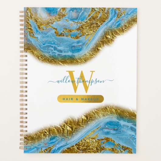 Blauwe Waterverf marmer & Gold Foil Hair & Makeup Planner (Voorkant)