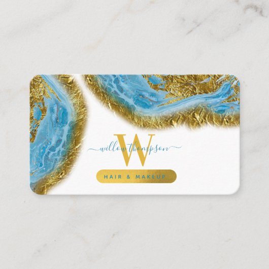 Blauwe Waterverf marmer & Gold Foil Hair & Makeup Visitekaartje (Voorkant)