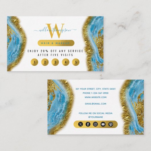 Blauwe Waterverf marmer & Gold Foil Loyalty Kaart Visitekaartje (Voorkant / Achterkant)