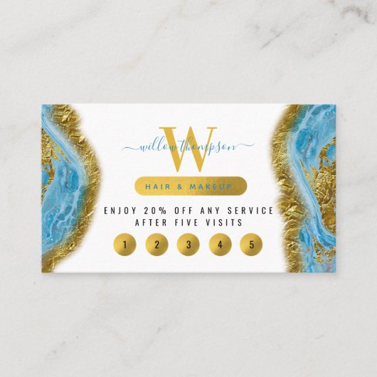 Blauwe Waterverf marmer & Gold Foil Loyalty Kaart Visitekaartje (Voorkant)