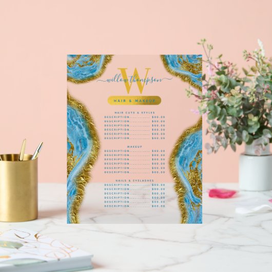 Blauwe Waterverf marmer & Gold Hair & Makeup Price Acryl Bord (Huwelijk)