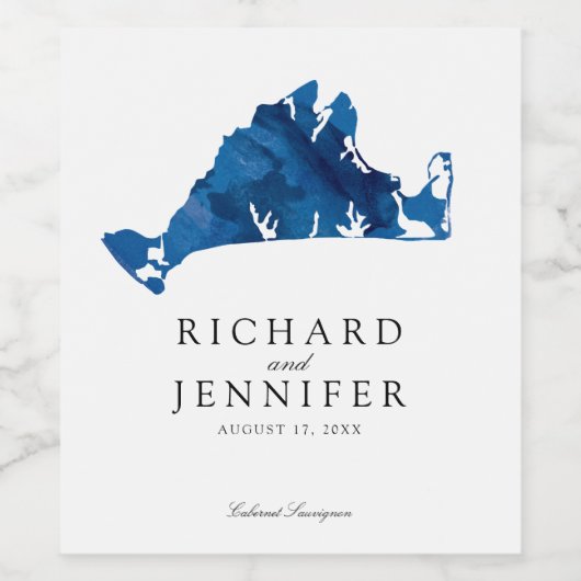 Blauwe Waterverf Martha's Vineyard Kaart Bruiloft Wijn Etiket (Enkel label)