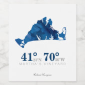 Blauwe Waterverf Marthas wijngaard kaart coördinat Wijn Etiket (Enkel label)