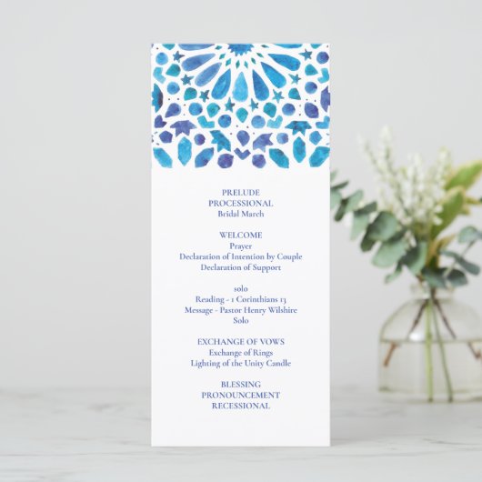 Blauwe Waterverf Meditteranean Tegel Pattern Programmakaart (Staand voorkant)