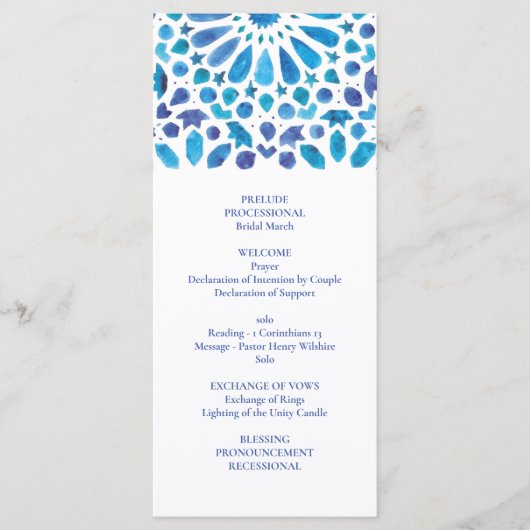 Blauwe Waterverf Meditteranean Tegel Pattern Programmakaart (Voorkant)