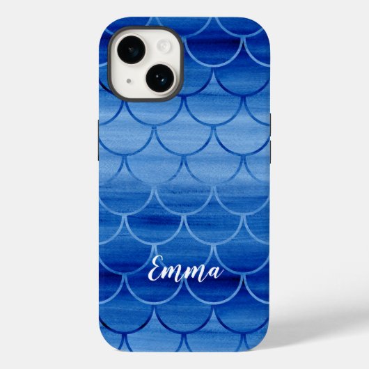 Blauwe Waterverf Mermaid Scale Patroon Aangepaste Case-Mate iPhone Case (Achterkant)