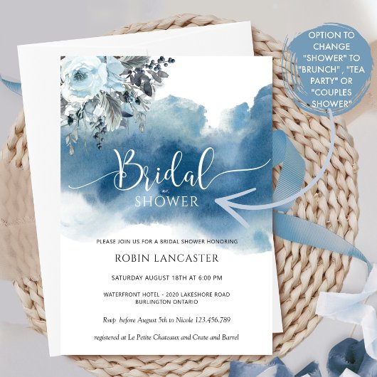 Blauwe Waterverf met Bloemen Vrijgezellenfeest/Bru Kaart