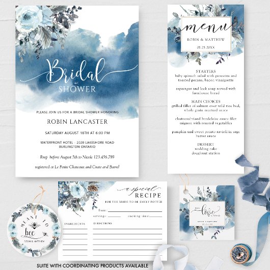 Blauwe Waterverf met Bloemen Vrijgezellenfeest/Bru Kaart