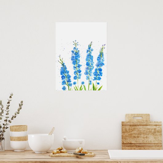 Blauwe waterverf met delfinium florale suspensie poster (Keuken)