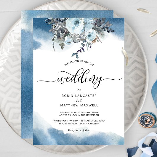 Blauwe Waterverf met Elegant Blue Floral Wedding Kaart