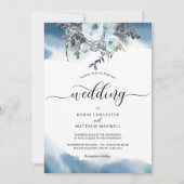 Blauwe Waterverf met Elegant Blue Floral Wedding Kaart (Voorkant)