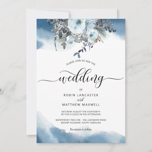 Blauwe Waterverf met Elegant Blue Floral Wedding Kaart (Voorkant)