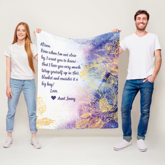 Blauwe Waterverf met gouden bloemen + Opmerking Fleece Deken (In situ)