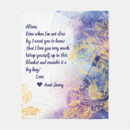 Blauwe Waterverf met gouden bloemen + Opmerking Fleece Deken