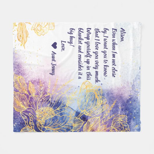 Blauwe Waterverf met gouden bloemen + Opmerking Fleece Deken (Voorkant (Horizontaal))