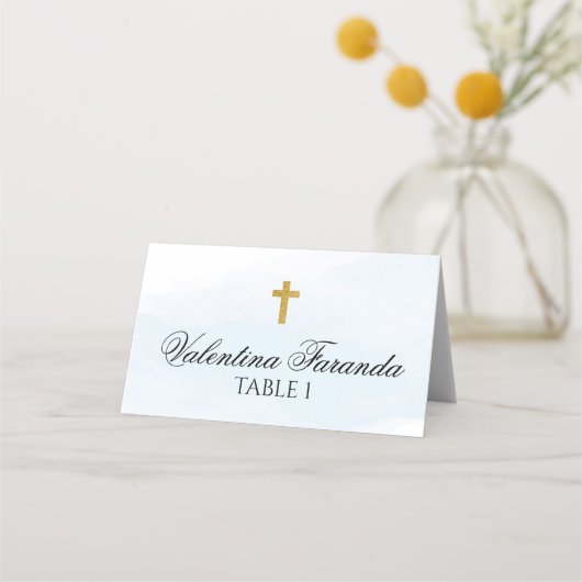 Blauwe Waterverf met gouden kruisdoop Plaatskaartje (Voorkant)