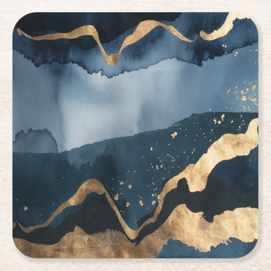 Blauwe waterverf met goudkleurige vlekken kartonnen onderzetters (Voorkant)