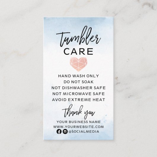 Blauwe Waterverf met Heart Tumbler Care Visitekaartje (Voorkant)