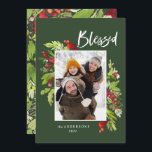 Blauwe waterverf met kerstmis feestdagenkaart<br><div class="desc">Waterverf zonder bloem en kerstfeestdag met blaasjes. Mooie waterverf schilderde bladeren en moderne scripttekst. Een deel van een collectie.</div>