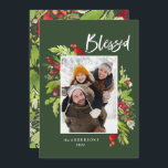 Blauwe waterverf met kerstmis feestdagenkaart<br><div class="desc">Waterverf zonder bloem en kerstfeestdag met blaasjes. Mooie waterverf schilderde bladeren en moderne scripttekst. Een deel van een collectie.</div>