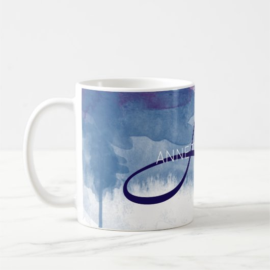 Blauwe Waterverf met naam en Initiaal (Monogram) Koffiemok (Links)