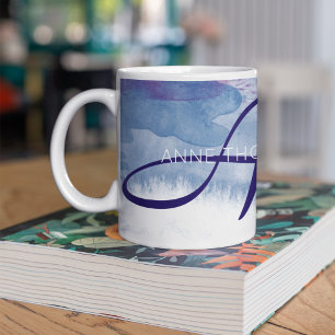 Blauwe Waterverf met naam en Initiaal (Monogram) Koffiemok