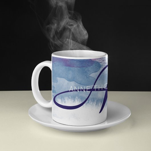 Blauwe Waterverf met naam en Initiaal (Monogram) Koffiemok