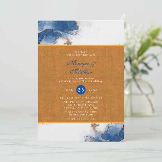 Blauwe Waterverf met rustkoper Agate Wedding Invit Kaart (Staand voorkant)