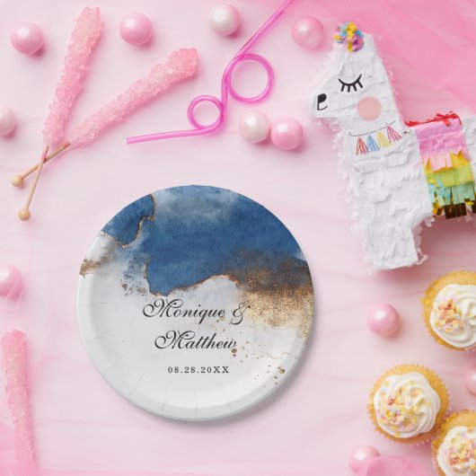 Blauwe Waterverf met rustkoper Papieren Bordje (Feest)