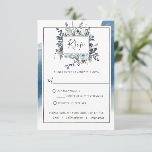 Blauwe Waterverf met / uit Maaltijden keuzes RSVP- RSVP Kaartje (Staand voorkant)