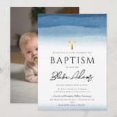 Blauwe Waterverf minimalistische jongensdoop Kaart (Voorkant / Achterkant)