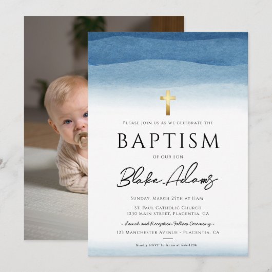 Blauwe Waterverf minimalistische jongensdoop Kaart (Voorkant / Achterkant)