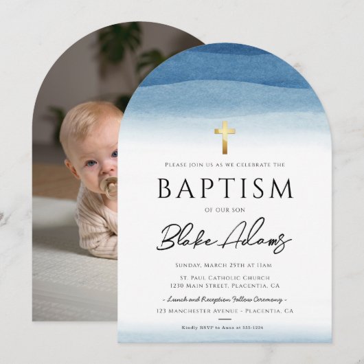 Blauwe Waterverf minimalistische jongensdoop Kaart (Voorkant / Achterkant)