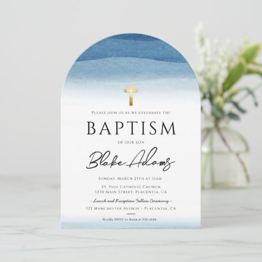 Blauwe Waterverf minimalistische jongensdoop Kaart (Staand voorkant)