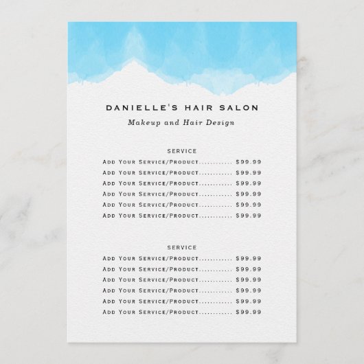 Blauwe Waterverf Mode Biz-prijslijst Menu (Voorkant)