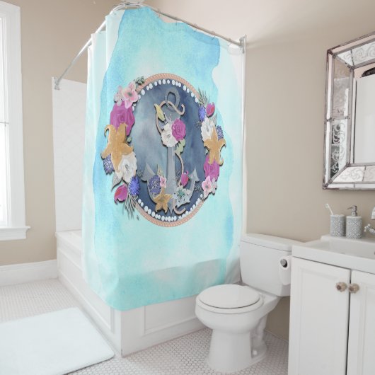 Blauwe Waterverf Modern Nautical Floral Anchor Douchegordijn (In situ)