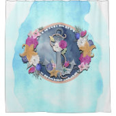Blauwe Waterverf Modern Nautical Floral Anchor Douchegordijn (Voorkant)