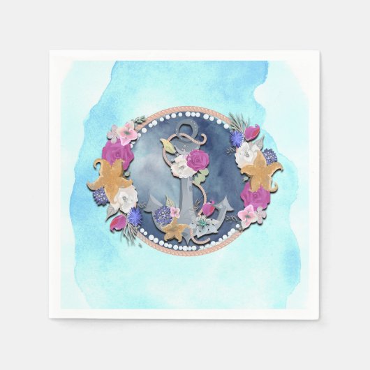 Blauwe Waterverf Modern Nautical Floral Anchor Servet (Voorkant)