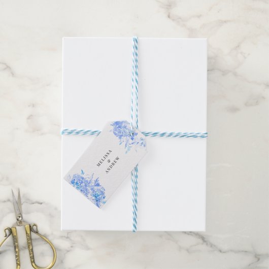 Blauwe Waterverf Modern Wedding Dank u Cadeaulabel (Met Touw)