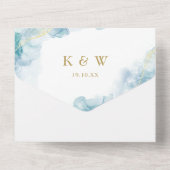 Blauwe Waterverf Moderne Gouden Bruiloft All In One Uitnodiging (Achterkant)