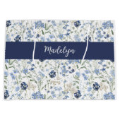 Blauwe Waterverf Monogram Naam Wilde Bloem Groot Cadeauzakje (Voorkant)