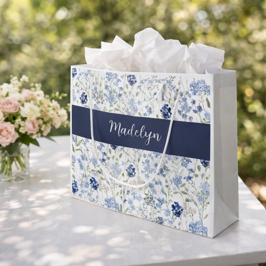 Blauwe Waterverf Monogram Naam Wilde Bloem Groot Cadeauzakje