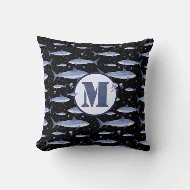 Blauwe Waterverf Monogram Shark Jellyfish Patroon Kussen (Voorkant)