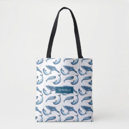 Blauwe Waterverf Monogrammed Whale en Narwhal Tote Bag