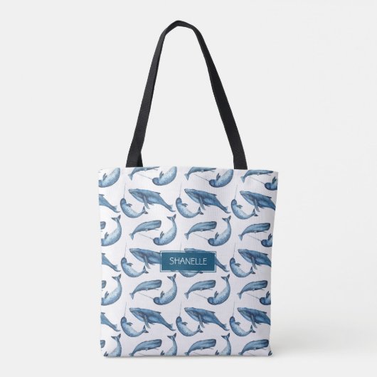 Blauwe Waterverf Monogrammed Whale en Narwhal Tote Bag (Achterkant)